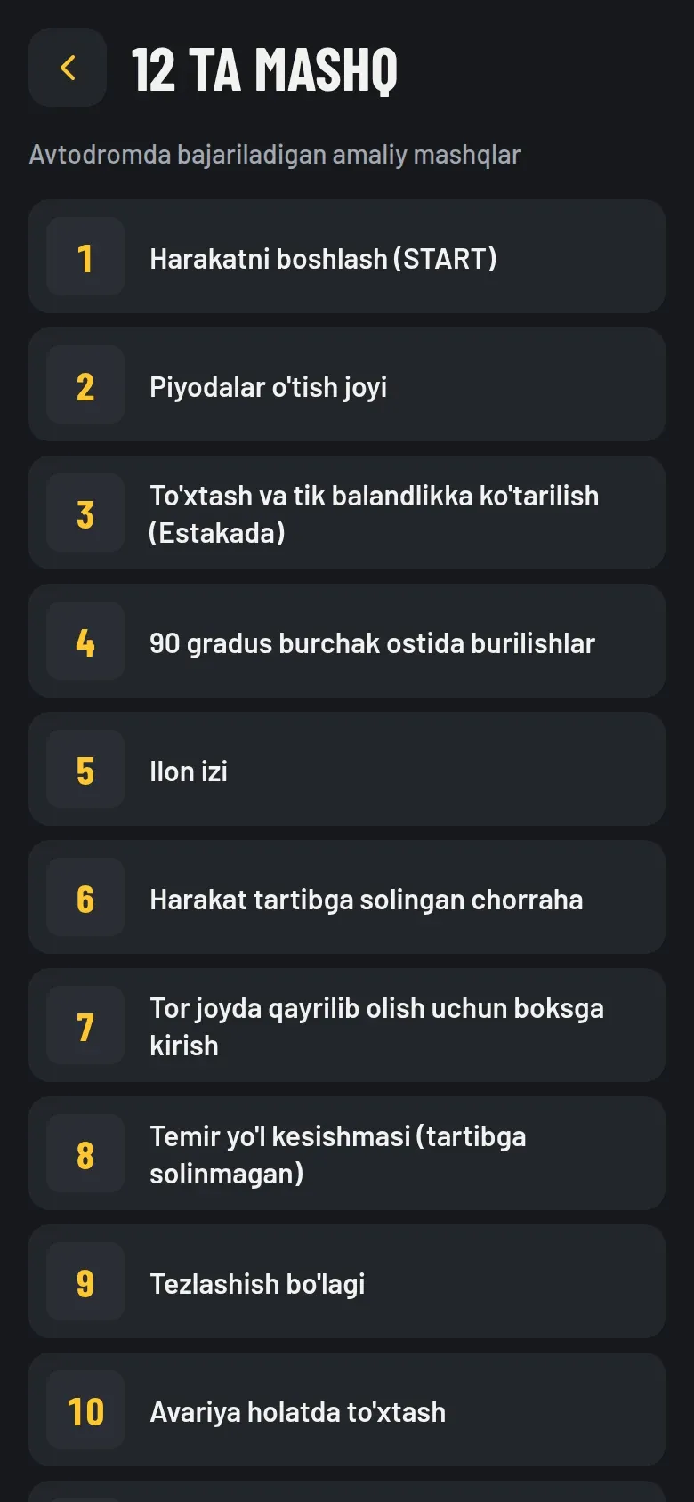 Avtodromdagi 12 ta mashq ro'yxati