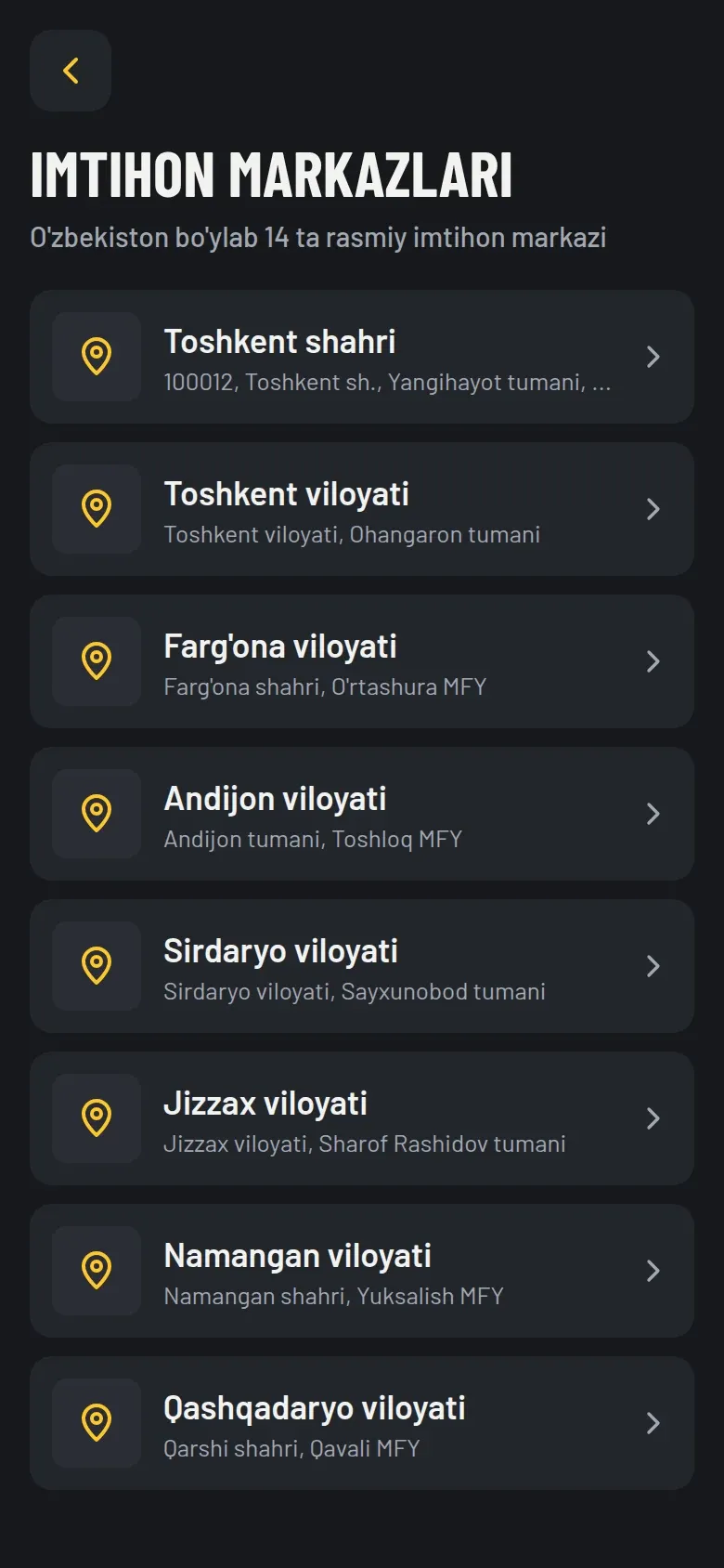Imtihon markazlari ro'yxati