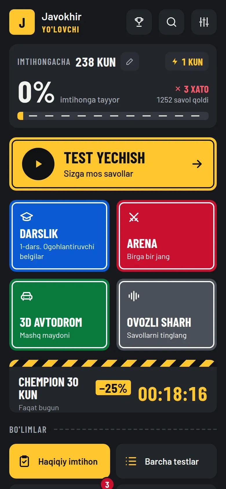 Bosh sahifa: imtihongacha kunlar va tayyorlik foizi