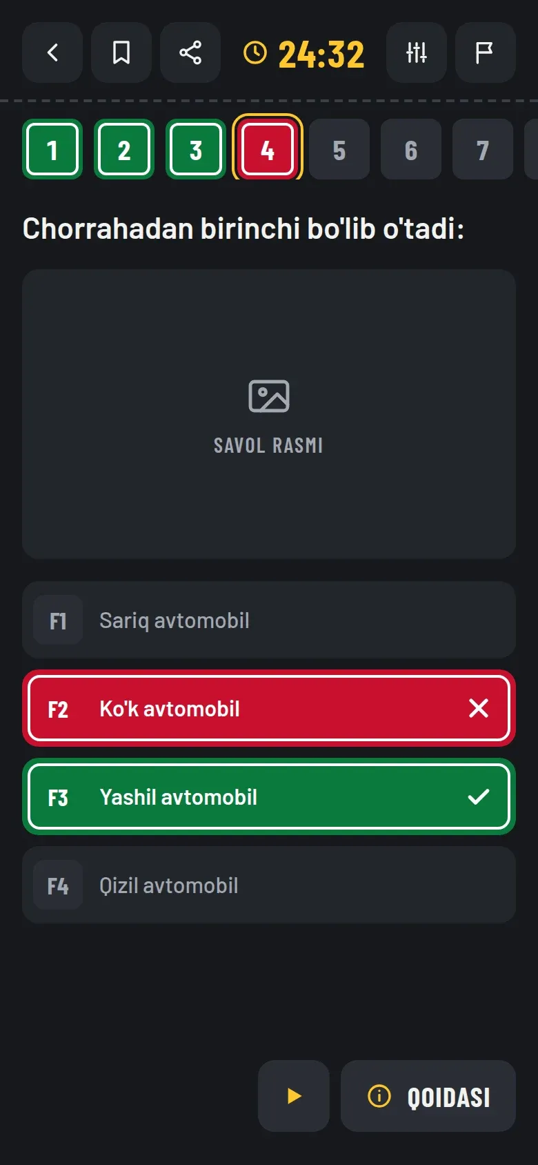Test ekrani: javob berilgan savol