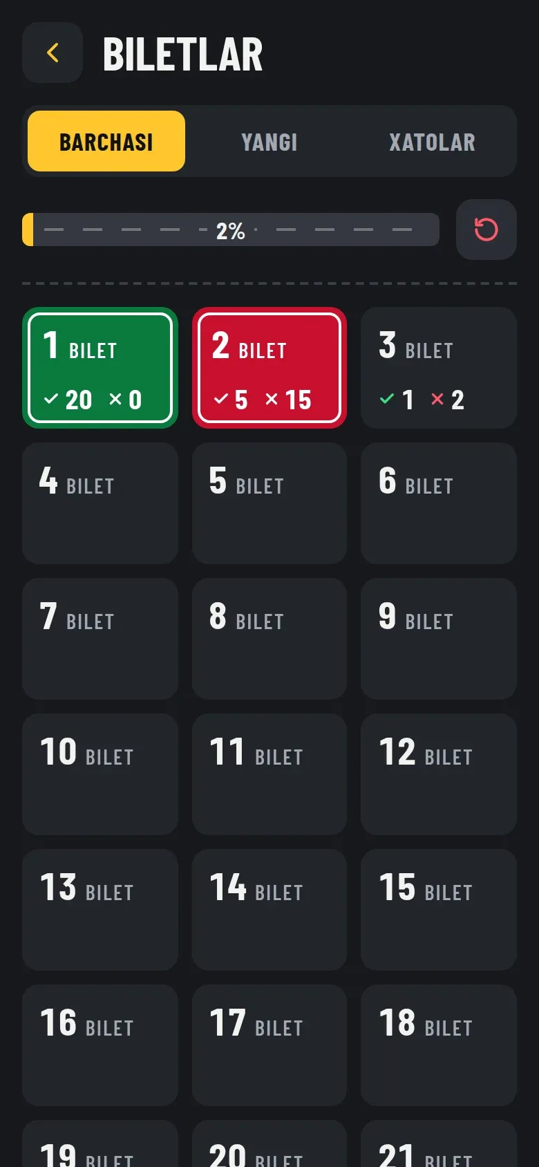 Biletlar: progress va bilet holatlari